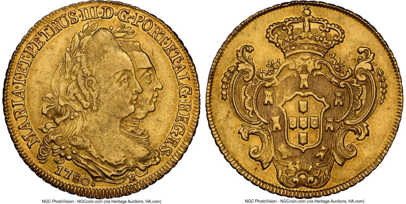 Maria I & Pedro III gold 6400 Reis 1780-R AU58 NGC, Rio de Janeiro mint, KM199.2...