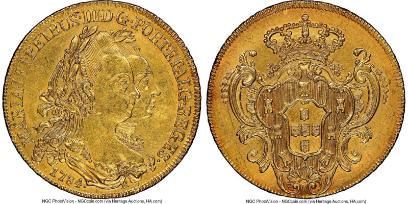 Maria I & Pedro III gold 6400 Reis 1784-R UNC Details (Cleaned) NGC, Rio de Jane...