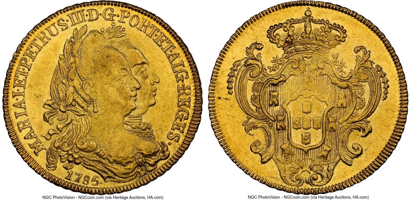 Maria I & Pedro III gold 6400 Reis (Peça) 1785-R MS64 NGC, Rio de Janeiro mint, ...