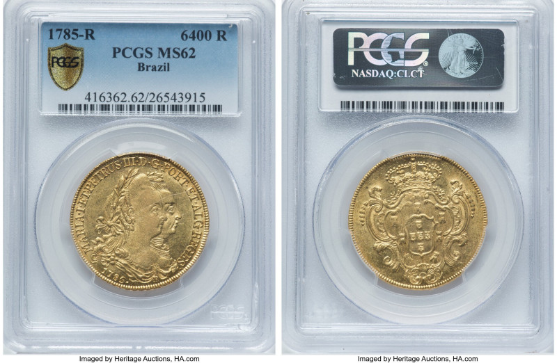 Maria I & Pedro III gold 6400 Reis 1785-R MS62 PCGS, Rio de Janeiro mint, KM199....