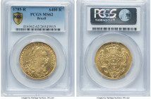Maria I & Pedro III gold 6400 Reis 1785-R MS62 PCGS, Rio de Janeiro mint, KM199.2, LMB-467. Very desirable in this near-Choice status, only outranked ...