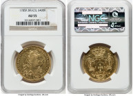 Maria I & Pedro III gold 6400 Reis 1785-R AU55 NGC, Rio de Janeiro mint, KM199.2, LMB-467. A lovely example with light champagne surfaces. HID09801242...
