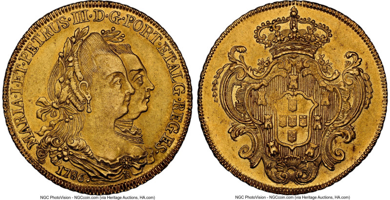 Maria I & Pedro III gold 6400 Reis 1786-R MS63 NGC, Rio de Janeiro mint, KM199.2...