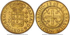 Maria I gold 4000 Reis 1803/1-(B) AU Details (Reverse Cleaned) NGC, Bahia mint, KM225.2, LMB-501. A beautiful lemon-gold offering with crisp detailing...