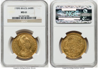 Maria I gold 6400 Reis 1789-B MS61 NGC, Bahia mint, KM218.2, LMB-506. With only two other offerings in a higher NGC grade, this gorgeous honey-lemon e...