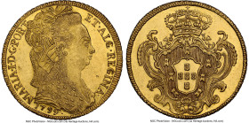 Maria I gold 6400 Reis 1799-B AU58 NGC, Bahia mint, KM226.2, LMB-517. Stunning detailing with center-struck motifs. HID09801242017 © 2023 Heritage Auc...