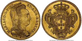 Maria I gold 6400 Reis (Peça) 1789-R MS64 NGC, Rio de Janeiro mint, KM218.1, LMB-526. No-crossbar A in ALG variety. First type, Widow's veil. Final ye...