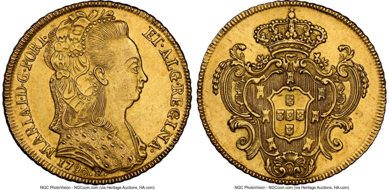 Maria I gold 6400 Reis 1790-R MS61 NGC, Rio de Janeiro mint, KM226.1, LMB-528. A...