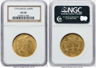 Maria I gold 6400 Reis 1791-R AU58 NGC, Rio de Janeiro mint, KM226.1, LMB-529. A beautiful offering of this lovely type, with full lemon-champagne lus...