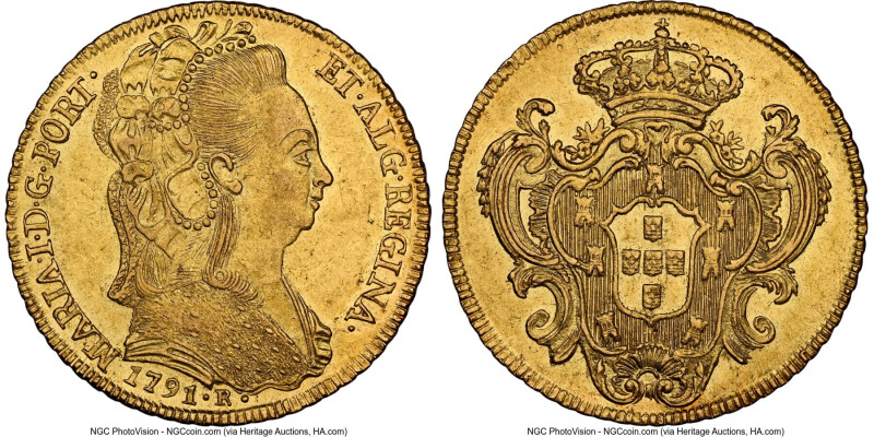 Maria I gold 6400 Reis 1791-R AU58 NGC, Rio de Janeiro mint, KM226.1, LMB-529. A...