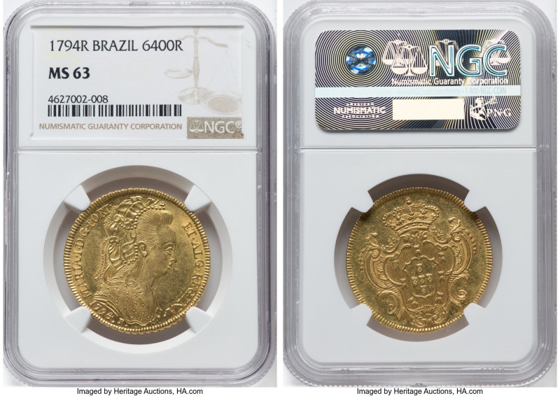 Maria I gold 6400 Reis (Peça) 1794-R MS63 NGC, Rio de Janeiro mint, KM226.1, LMB...