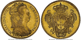 Maria I gold 6400 Reis (Peça) 1795-R MS62 NGC, Rio de Janeiro mint, KM226.1, LMB-533. Second type, Lifted veil. Decidedly Mint State, dressed in satin...