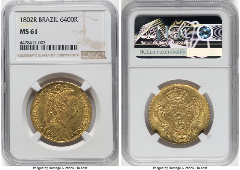 Maria I gold 6400 Reis 1802-R MS61 NGC, Rio de Janeiro mint, KM226, LMB-540. Min...