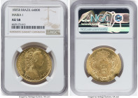 Maria I gold 6400 Reis 1805-R AU58 NGC, Rio de Janeiro mint, KM226.1, LMB-543. Prooflike surfaces with a gorgeous champagne-honey luster. HID098012420...