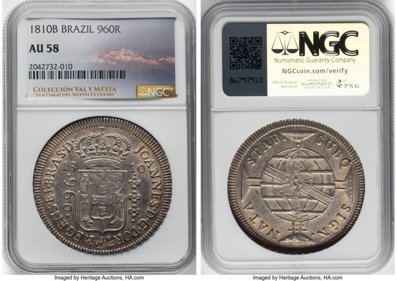 João Prince Regent 960 Reis 1810-B AU58 NGC, Bahia mint, KM307.1, LMB-395. Overs...