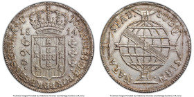 João Prince Regent 960 Reis 1814-B AU58 PCGS, Bahia mint, KM307.1, LMB-399. A fascinating double-strike piece where one can see two different sets of ...