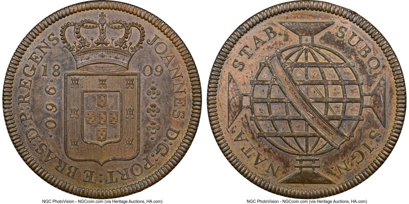 João Prince Regent copper Proof Pattern 960 Reis 1809-R PR62 Brown NGC, Rio de J...