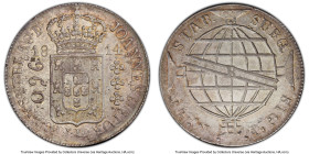 João Prince Regent 960 Reis 1814-R MS62 PCGS, Rio de Janeiro mint, KM307.3, LMB-424. Overstruck on a Peruvian 8 Reales LM-JP. Near-Choice preservation...