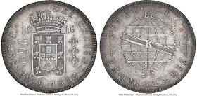João Prince Regent 960 Reis 1816-R AU50 NGC, Rio de Janeiro mint, KM313, LMB-426. Overstruck on a Chile 8 Reales 1813 So-FJ. From the Colección Val y ...