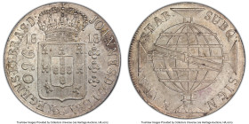 João Prince Regent 960 Reis 1818-R MS62 PCGS, Rio de Janeiro mint, KM307.3, LMB-428a. Shield obverse. Struck over Spanish Colonial 8 Reales 1802. Donn...
