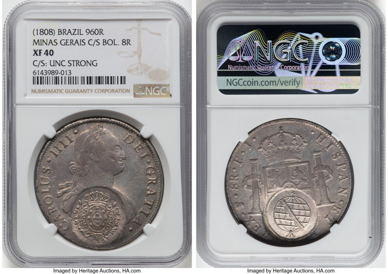 Minas Gerais. João Prince Regent Counterstamped 960 Reis ND (1808) XF40 NGC, Min...