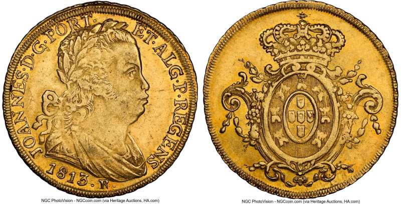 João Prince Regent gold 6400 Reis 1813-R AU55 NGC, Rio de Janeiro mint, KM236.1,...