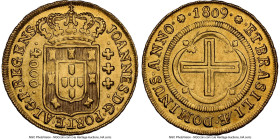 João Prince Regent gold 4000 Reis 1809-(R) MS62 NGC, Rio de Janeiro mint, KM235.2, LMB-569. An eye-catching, near-Choice offering with lustrous champa...
