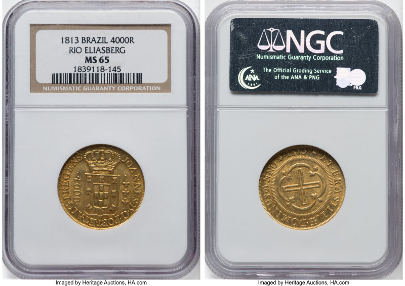 João Prince Regent gold 4000 Reis 1813-(R) MS65 NGC, Rio de Janeiro mint, KM235....