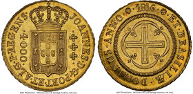 João Prince Regent gold 4000 Reis 1816-(R) MS64 NGC, Rio de Janeiro mint, KM235.2, LMB-576. "REGENS" on obverse variety. The penultimate date for the ...