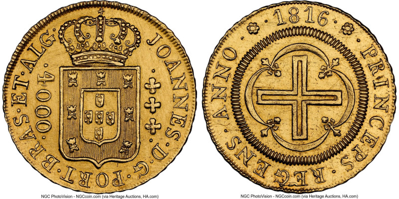 João Prince Regent gold 4000 Reis 1816-(R) UNC Details (Harshly Cleaned) NGC, Ri...