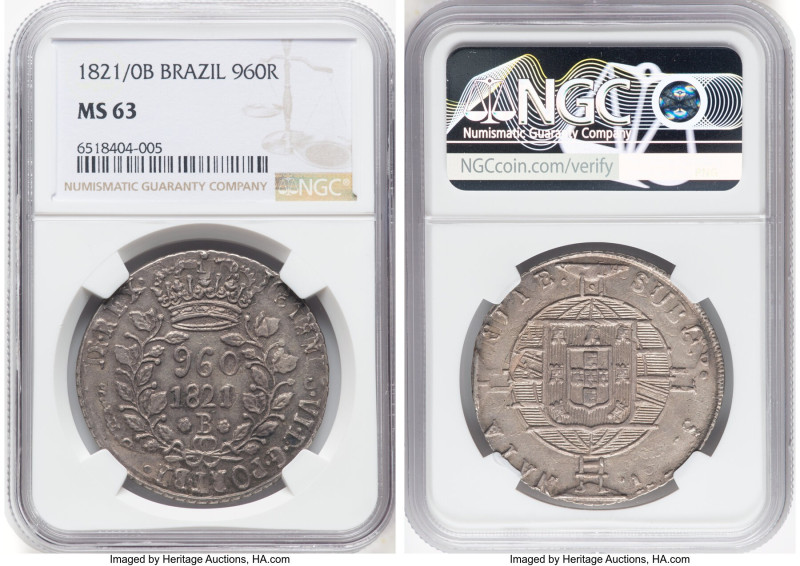 João VI 960 Reis 1821/0-B MS63 NGC, Bahia mint, KM326.2, LMB-463. An impressive ...