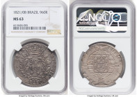 João VI 960 Reis 1821/0-B MS63 NGC, Bahia mint, KM326.2, LMB-463. An impressive Choice Mint State 960 Reis with an appreciable champagne shimmer. The ...