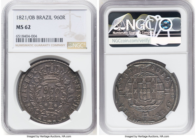 João VI 960 Reis 1821/0-B MS62 NGC, Bahia mint, KM326.2, LMB-463. Glossy, gun-me...