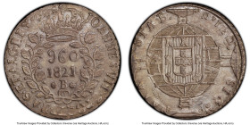 João VI 960 Reis 1821/0-B AU Details (Cleaned) PCGS, Bahia mint, KM326.2, LMB-463. Overstruck on a Peru Ferdinand VII 8 Reales 1820 LM-JP. A rather im...