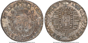 João VI 960 Reis 1818-R MS61 NGC, Rio de Janeiro mint, KM326.1, LMB-476. Wreath Obverse. Overstruck on Argentinian "Sun Face" 8 Reales. A popular host...
