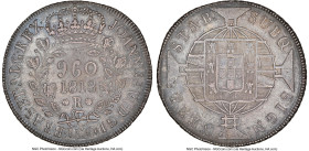 João VI 960 Reis 1818-R AU58 NGC, Rio de Janeiro mint, KM326.1, LMB-476. Wreath obverse variety. Overstruck on a Chile Peso 1818/7-RF. Ex. Val y Mexia...