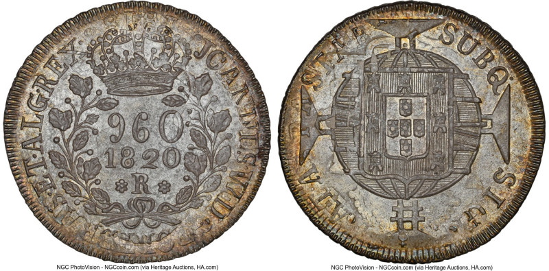 João VI 960 Reis 1820-R MS63 NGC, Rio de Janeiro mint, KM326.1, LMB-478. Overstr...