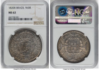 João VI 960 Reis 1820-R MS62 NGC, Rio de Janeiro mint, KM326.1, LMB-478. Overstruck on Chilean Republic "Volcano" Peso. A crowd favorite host for this...
