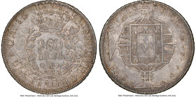 João VI 960 Reis 1821-R AU53 NGC, Rio de Janeiro mint, KM326.1, LMB-479. Overstruck on a So-FD. Ex. Val y Mexia Collection From the Colección Val y Me...