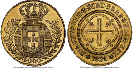 João VI gold 4000 Reis 1821/0-(R) MS62 NGC, Rio de Janeiro mint, KM327.1, cf. LMB-585 (unlisted overdate). A blooming Mint State representative showca...