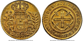João VI gold 4000 Reis 1822/1-(R) MS62 NGC, Rio de Janeiro mint, KM327.1, LMB-586. A needle-point survivor with luminous crevices. HID09801242017 © 20...