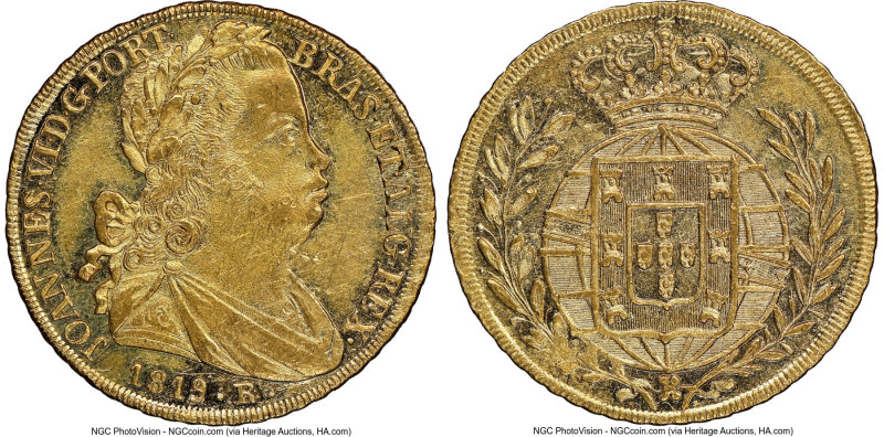 João VI gold 6400 Reis 1819-R MS61 NGC, Rio de Janeiro mint, KM328, LMB-588. Min...