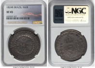 Pedro I 960 Reis 1824-R XF45 NGC, Rio de Janeiro mint, KM368.1, LMB-505. Overstruck on a Volcano Peso. Ex. Val y Mexia Collection From the Colección V...