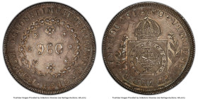 Pedro I 960 Reis 1825-R AU58 PCGS, Rio de Janeiro mint, KM368.1, LMB-506. Struck over a Chile Ferdinand VII 8 Reales 1813 So-FJ. A bold and only light...