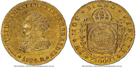 Pedro I gold 4000 Reis 1824-R AU Details (Scratches) NGC, Rio de Janeiro mint, KM369.1, LMB-594. Despite the grade designation, the detailing is fully...