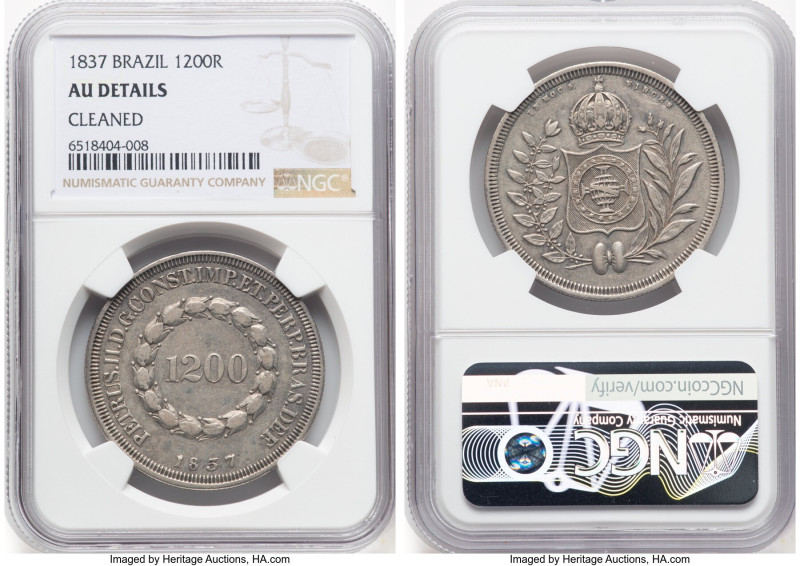 Pedro II 1200 Reis 1837 AU Details (Cleaned) NGC, Rio de Janeiro mint, KM454, LM...