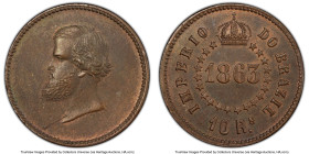 Pedro II copper Specimen Pattern 10 Reis 1863 UNC Details (Scratch) PCGS, Rio de Janeiro mint, KM-Pn101, LMB-037. Mintage: 900. Without legend variety...