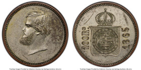 Pedro II silvered-copper Specimen Pattern 100 Reis 1865 UNC Details (Scratch) PCGS, Rio de Janeiro mint, KM-PnA126, cf. LMB-065 (listed for silver). M...