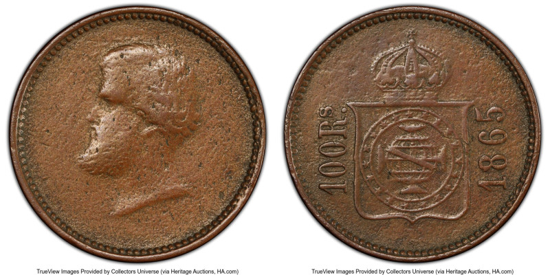 Pedro II copper Specimen Pattern 100 Reis 1865 VF Details (Environmental Damage)...