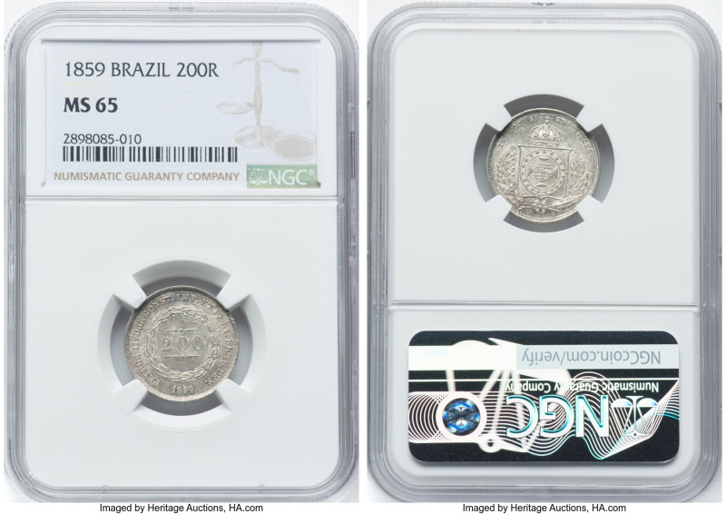 Pedro II 200 Reis 1859 MS65 NGC, Rio de Janeiro mint, KM469, LMB-577. Only one e...